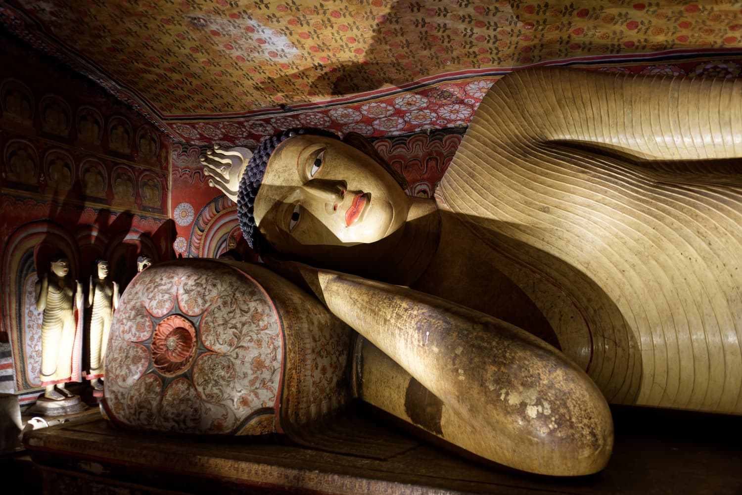 The reclining Buddha statue inside the first cave of the Dambulla Cave Temple